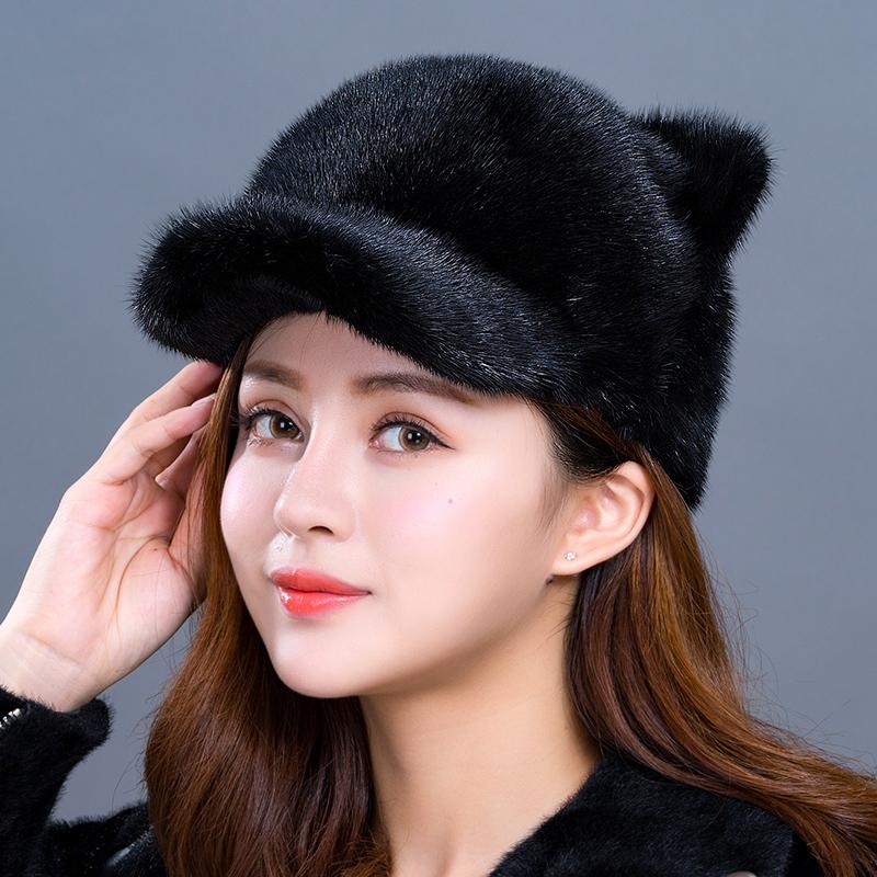 Новая женская норковая шапка с милыми кошачьими ушками (Хлеб в форме кошачьих ушей, приготовленный на пару) Норковая кожаная шапка Зимняя теплая меховая шапка