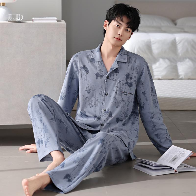 Men'S Pajamas Men'S Spring And Autumn Models, Pure Cotton Long-Sleeved Men'S Autumn Cotton Loungewear Set