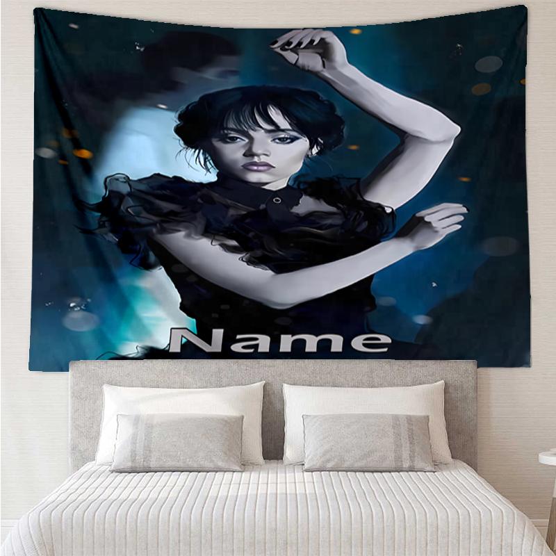 Custom Name Wednesday Print Tapestry, Backdrop, Easy Setup, Ideal for Bedroom, Office & Living Room, with Aesthetic Wall Hanging Decor.