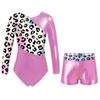 Kids Girls Long Sleeve Gymnastics Leotard with Shorts Ballet Unitard Dance Outfits Leopard Athletic Practice Jumpsuit Bodysuit