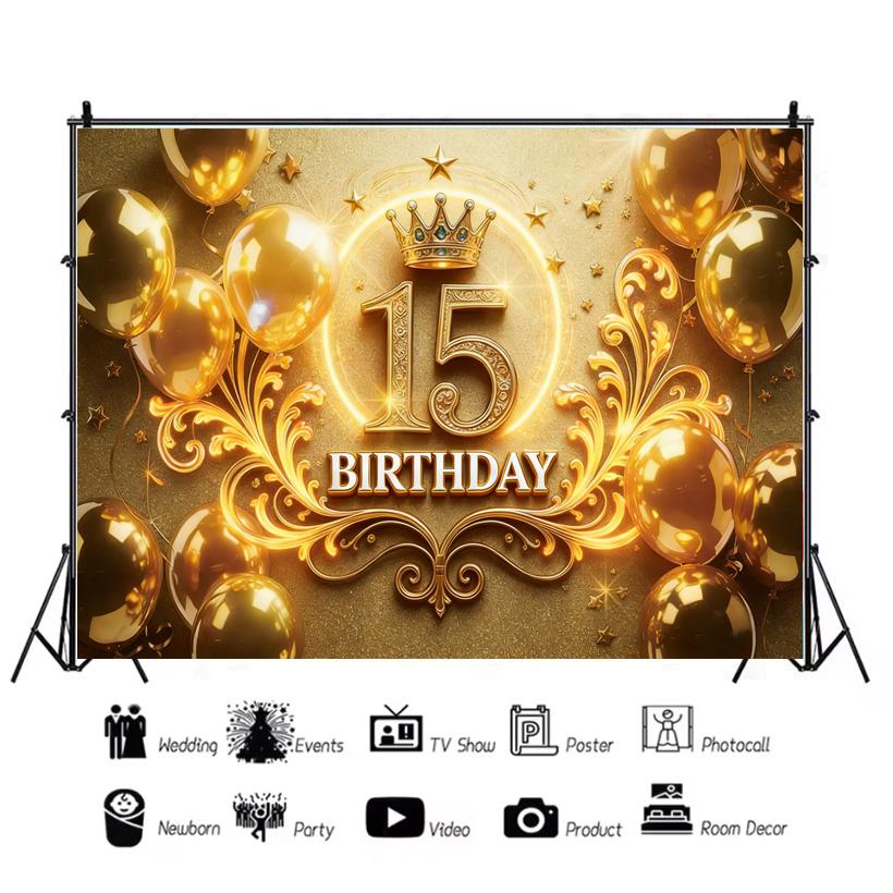 15th Birthday Theme Backdrop Black Gold Glitter Balloon for Women Men Boy Girl Party Decorations Balloon Banner Photography Prop