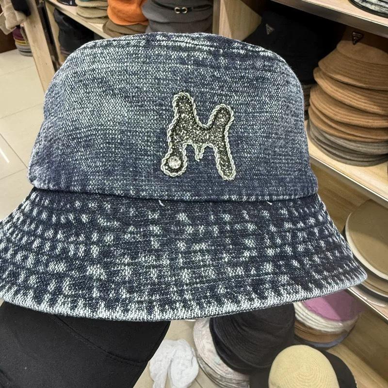Tide brand heavy industry rhinestone M letter washed denim fisherman hat children spring and summer sunshade thin leisure basin hat versatile