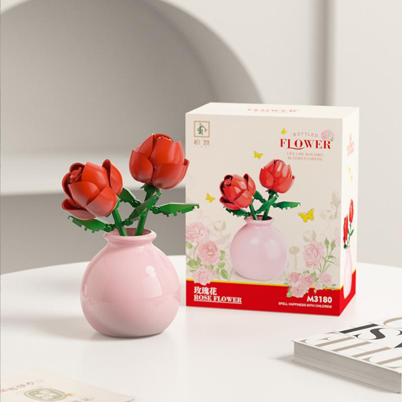 Building Block Pot Plant Bouquet of Flowers, Roses, Lily Building Blocks, Toys with Flower Pots, Cute Living Room Ornaments Gift