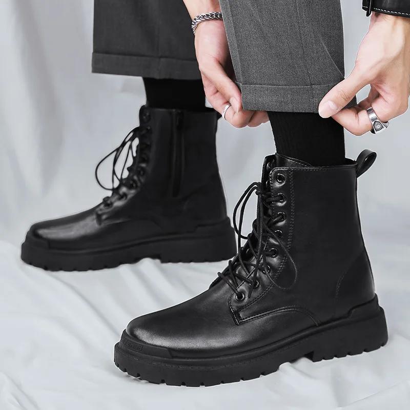 Fashion Men High Top Boots Fashion Motorcycle Boots Casual Leather Boots for Men Waterproof Work Boot Lace Up Platform Boot Botas Hombre