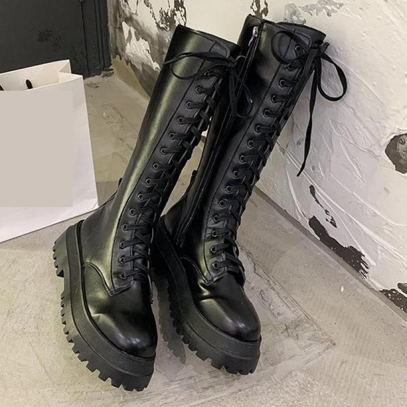 Женские сапоги до колена на массивной платформе, длинные женские ботинки на шнуровке в стиле панк, женская обувь «Челси» на молнии