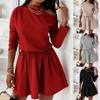 Женская мода с длинным рукавом сплошной цвет собрать талию повседневное мини-платье