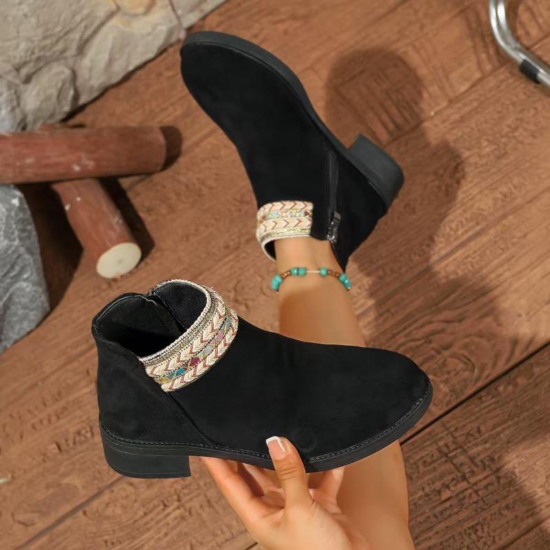 Женские ботинки в богемном стиле в римском стиле 2025 года - Короткие ботинки большого размера с круглым носком