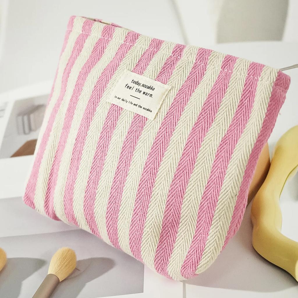 Women Stripe Comestic Case Clutch Pouch Canvas Makeup Storage Bag Women Handbag Portable Toiletry Travel Organizer Case