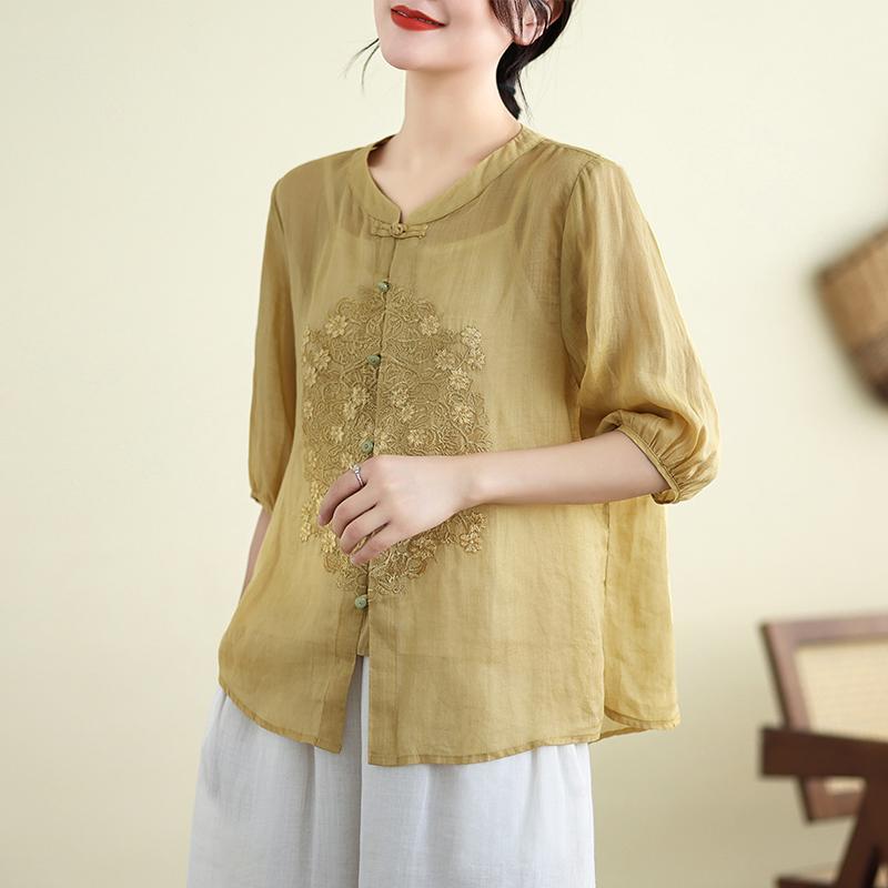 Повседневная рубашка в китайском стиле для женщин, поступление, лето, винтажная цветочная вышивка, свободные женские топы с коротким рукавом, рубашки