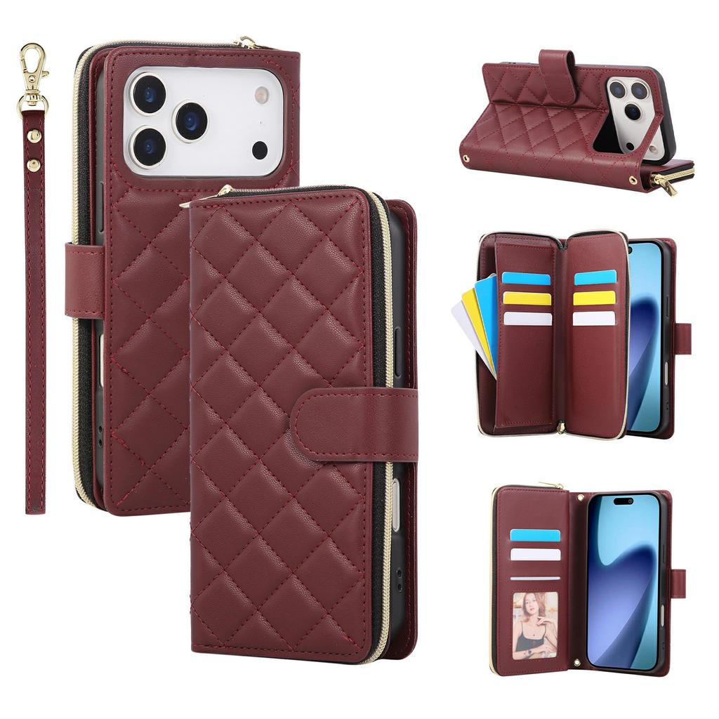 For iPhone 17 Pro Max Case Zipper Wallet Rhombus PU Leather Crossbody Phone Cover