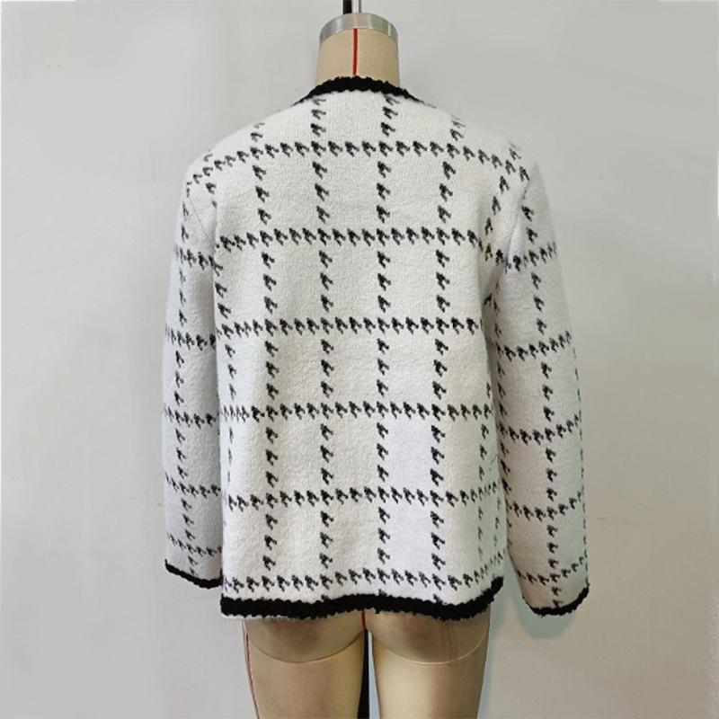 Осенне-зимняя мода круглый вырез карманы длинный рукав свободный твидовый женский кардиган куртка