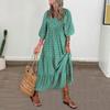 Lady Fall Dress Bubble Sleeves V Neck Printing A-line Loose Ankle Length Patchwork Bohemian Beach Maxi