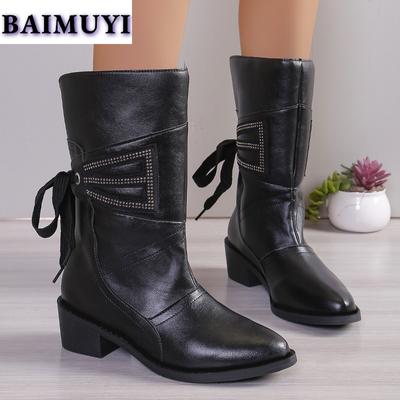 Модные женские сапоги с острым носком до середины голени, массивные туфли из искусственной кожи, панк-ботинки «Челси» со шнуровкой, тренд 2025 года, туфли-лодочки Botas Mujer