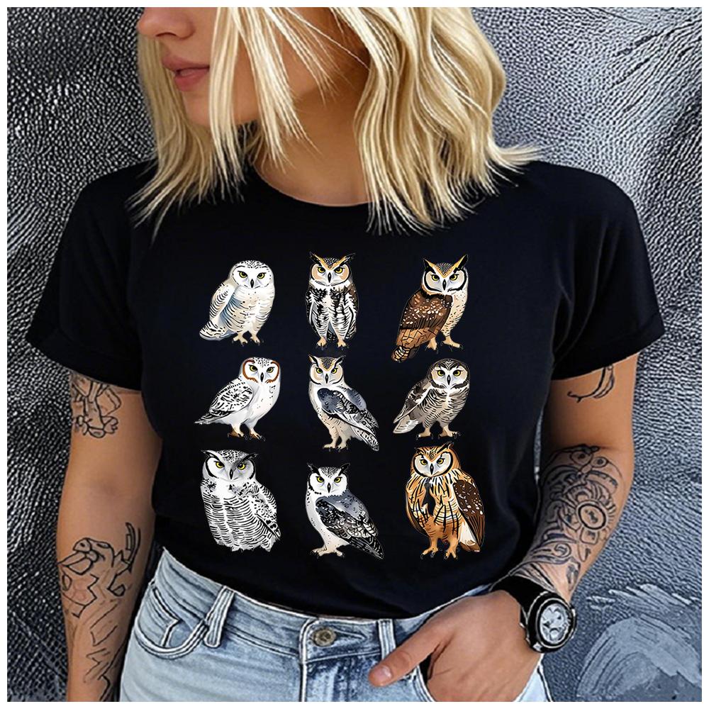 Unisex 100% Polyester Summer Top Different breeds and styles of owls Print Loose round Neck Short Sleeve Fashion for Lovers