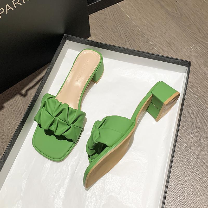 Fashion Square Head Sandals for Women's Summer New Thick Heel Pleated External Wearing Slippers Women Zapatillas De Mujer Ladies Shoes