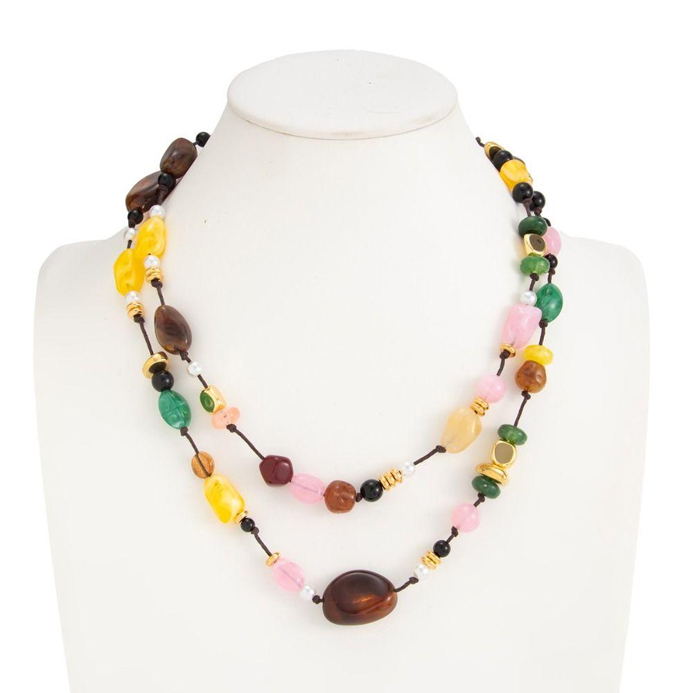Fashion Colorful Vintage Irregular Bead Pearl Pendant Double Layers Bohemian Stackable Rope Chain Choker Women Girls