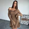 European & American Women's Solid Color Lace Flared Long Sleeve Slimming Dress