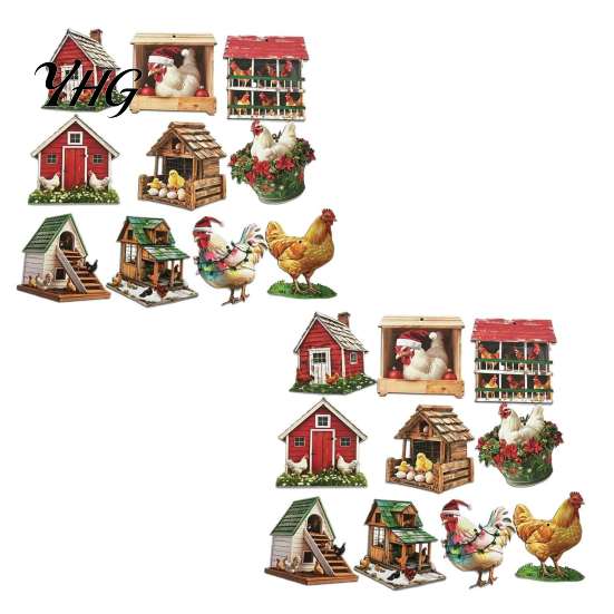 Wooden Christmas Ornaments 10/20/30Pcs 2D Flat Farmhouse Chicken Hanging Ornament, Rooster Hen Coop Barn Decorative Wood Gift Tags Farm Pendants