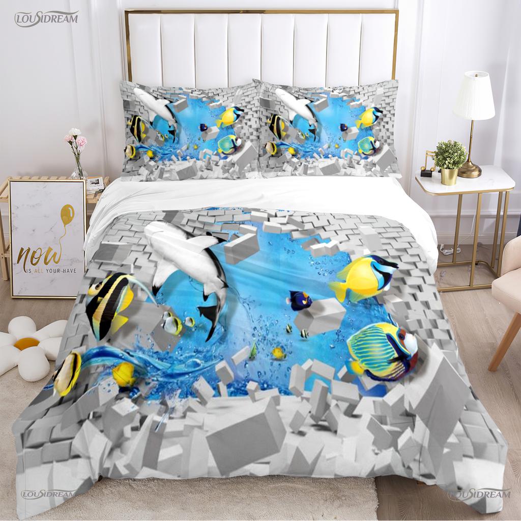 3D Ocean World Dolphin Whale Fish Duvet Cover Comforter Beding Set Soft Quilt Cover and Pillowcase for Single/Double/Queen/King
