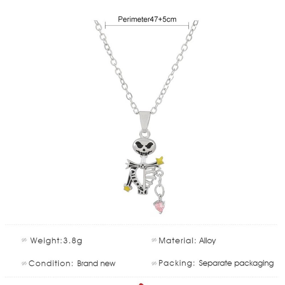 Personality Creative Sliver Color Devil Skeleton Hand Held Pink Zircon Heart Pendant Necklaces for Women Halloween Charm Jewelry