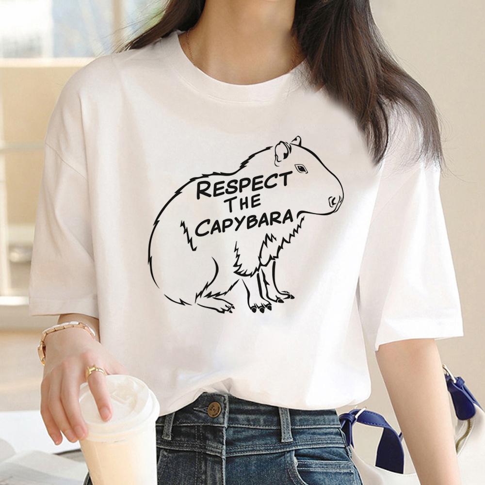Capybara T Shirt Women Print Summer White Top Cotton T-shirt Graphic Tees Women Vintage Streetwear 90s Plus Size Tshirt Female