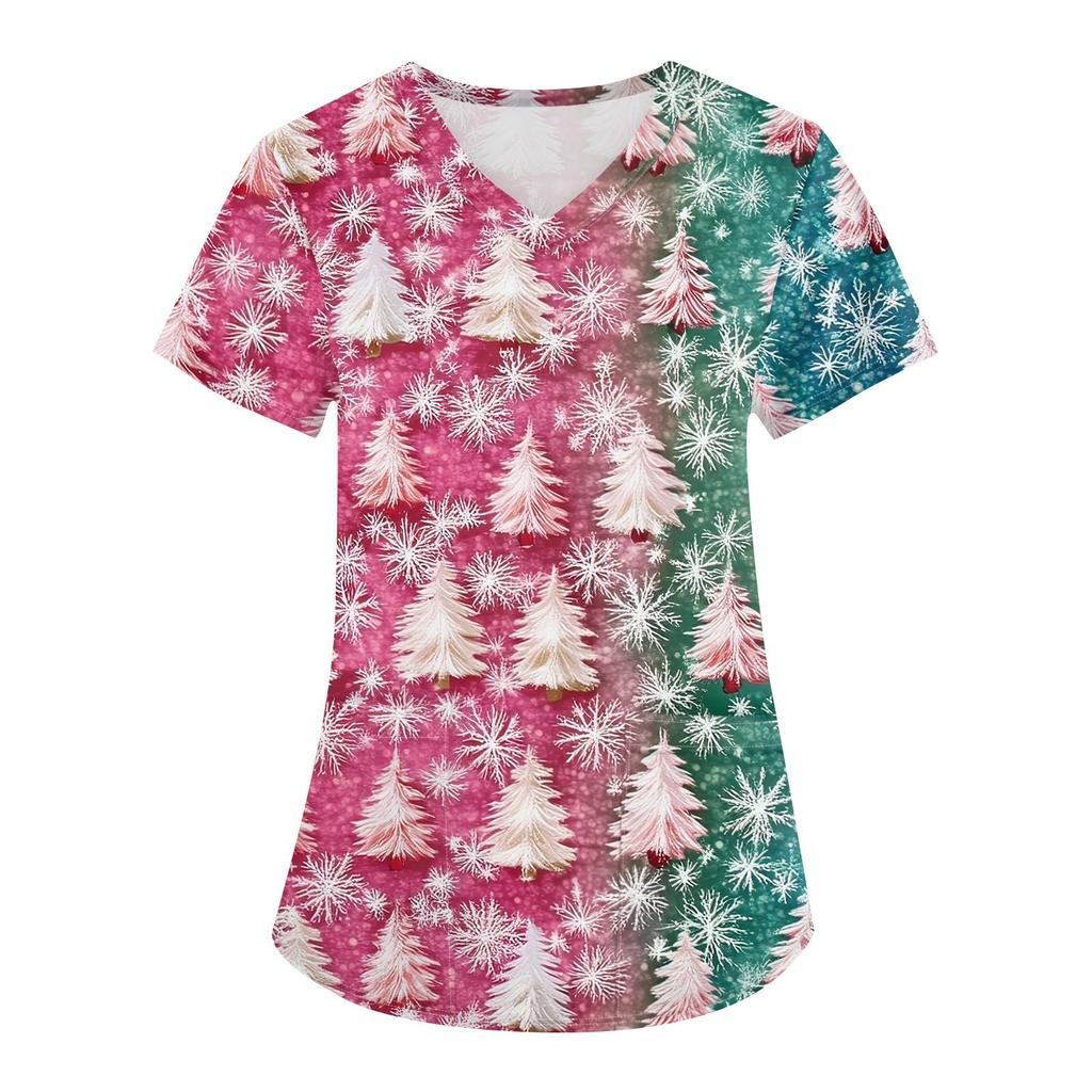 Женская мода с v-образным вырезом, короткими рукавами и карманами, топы с рождественским принтом