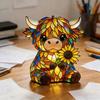 Cute Highland Cow Night Light 3D Resin Stained Glass Cow Table Lamp Rustic Animal Sunflower Bedside Lamp for Home Office Bedroom Living Room Desk