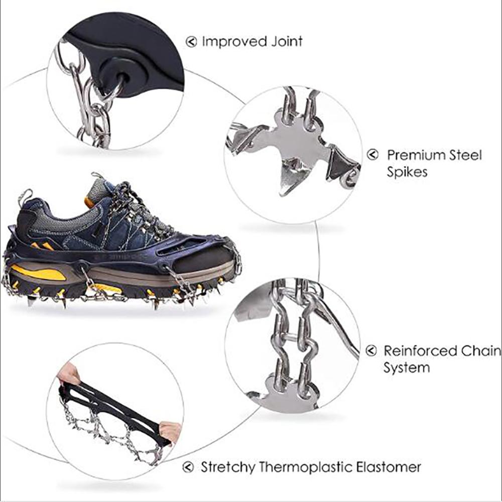 2 x Черные ледоступы с шипами для сцепления со снегом, подходят для обуви и ботинок, 19 стальных шипов