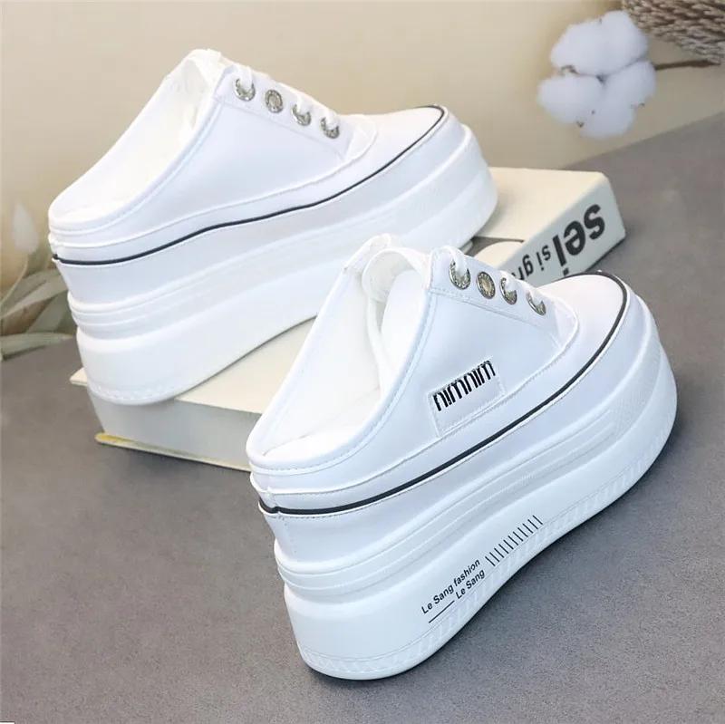 Fashion Lady Leather Without Heel Lazy Half Slipper Height Show Thin Fashion Wear Female Slipper Baotou Large Size Shoes Women Sandals