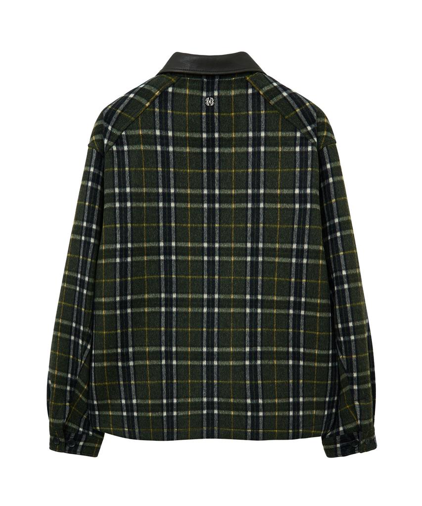 Ungimmick Leather Collar Check Wool Shirt Jacket (Olive)