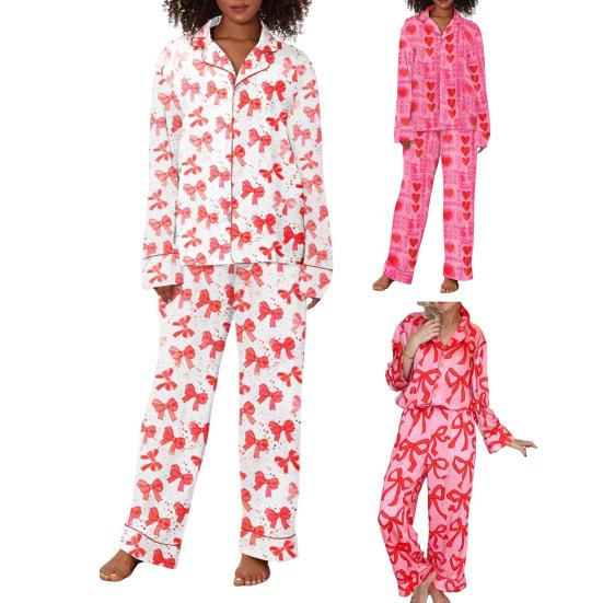 2 шт./комплект пижамы ко дню святого валентина с бантом и лацканами на пуговицах с длинным рукавом рубашка эластичная