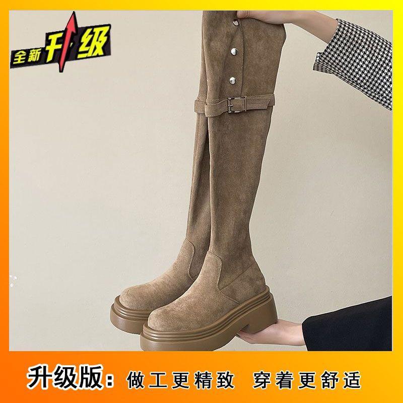Ботинки до колена с длинным голенищем, складкой, на толстом каблуке, детские, новые осенне-зимние 2025 года, ботинки на толстой подошве, тонкие, ботинки-рыцари, женские