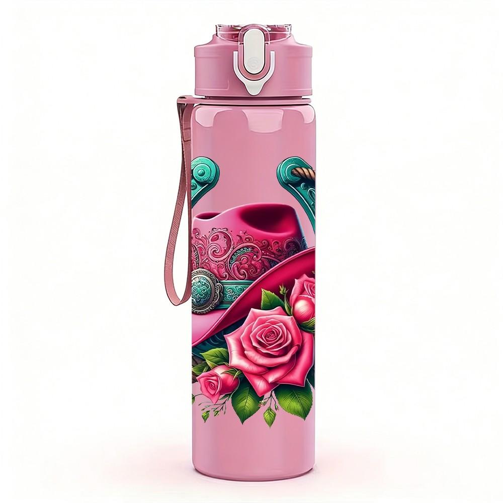 1PC Cowboy Hat Rose Vintage Pattern 750ml Color Plastic Sports Water Bottle Leakproof Flip Straw Lid Suitable for Sports Office Home Use