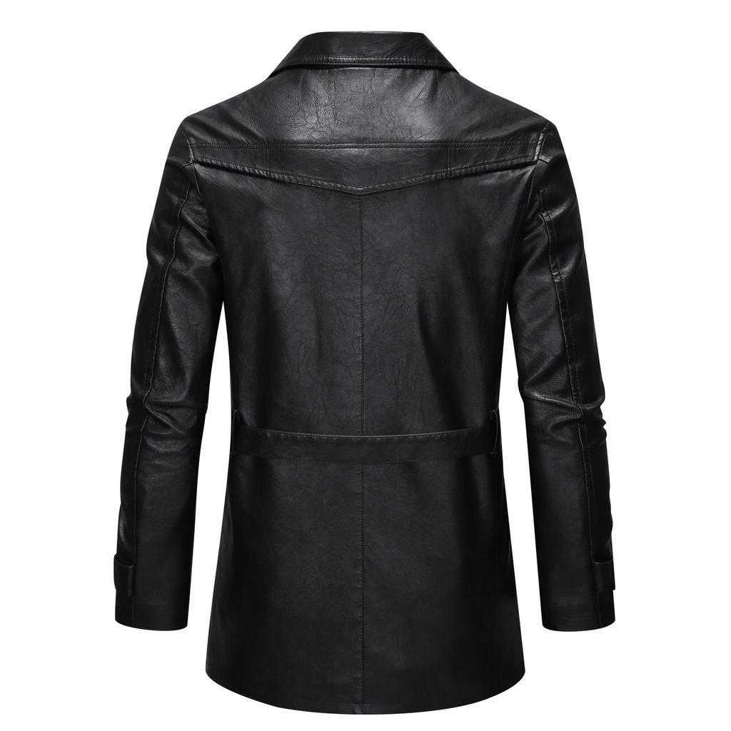 Spring and Autumn Leather Trench Coat Men's Slim Double Breasted Men's Mid-Length Leather Jacket New Style Jacket