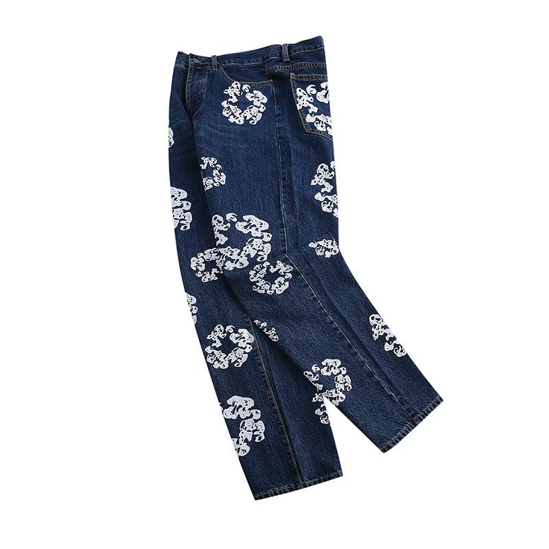 Flower Print Kanye Jeans Pants Streetwear Retro Casual Men and Women Denim Trousers