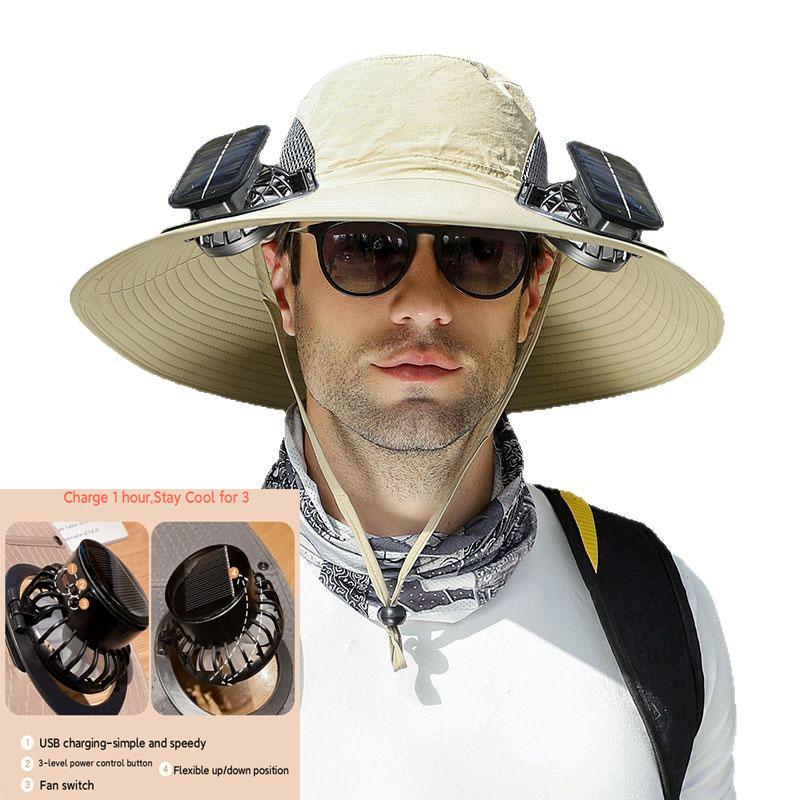 Rechargeable Solar Fan Hat - Adjustable Wide Brim (60cm) Fishing Cap with Dual Cooling Fans & UV Protection Outdoor Bucket Hat