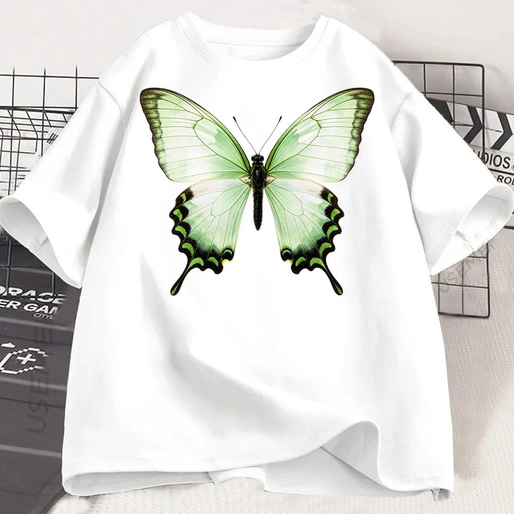 Summer Green Butterfly Printed Tshirt Womens Round Neck Short Sleeve Top Versatile White Half Sleeve D Insect Art Butterfly