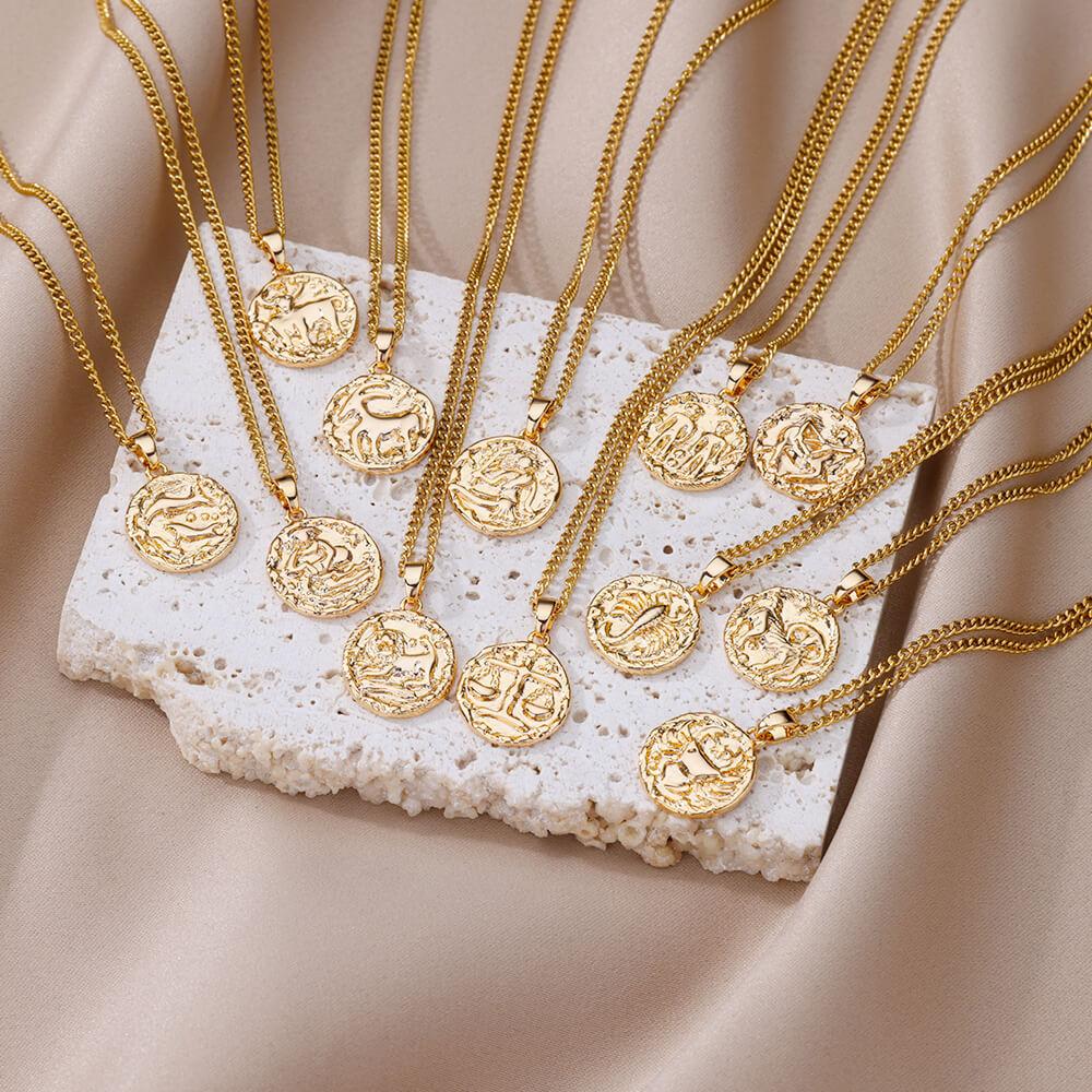 Ретро-дизайн 12 созвездий круглое фирменное ожерелье кулон тисненый Ins стиль монета ключичная цепочка женское ожерелье Козерог