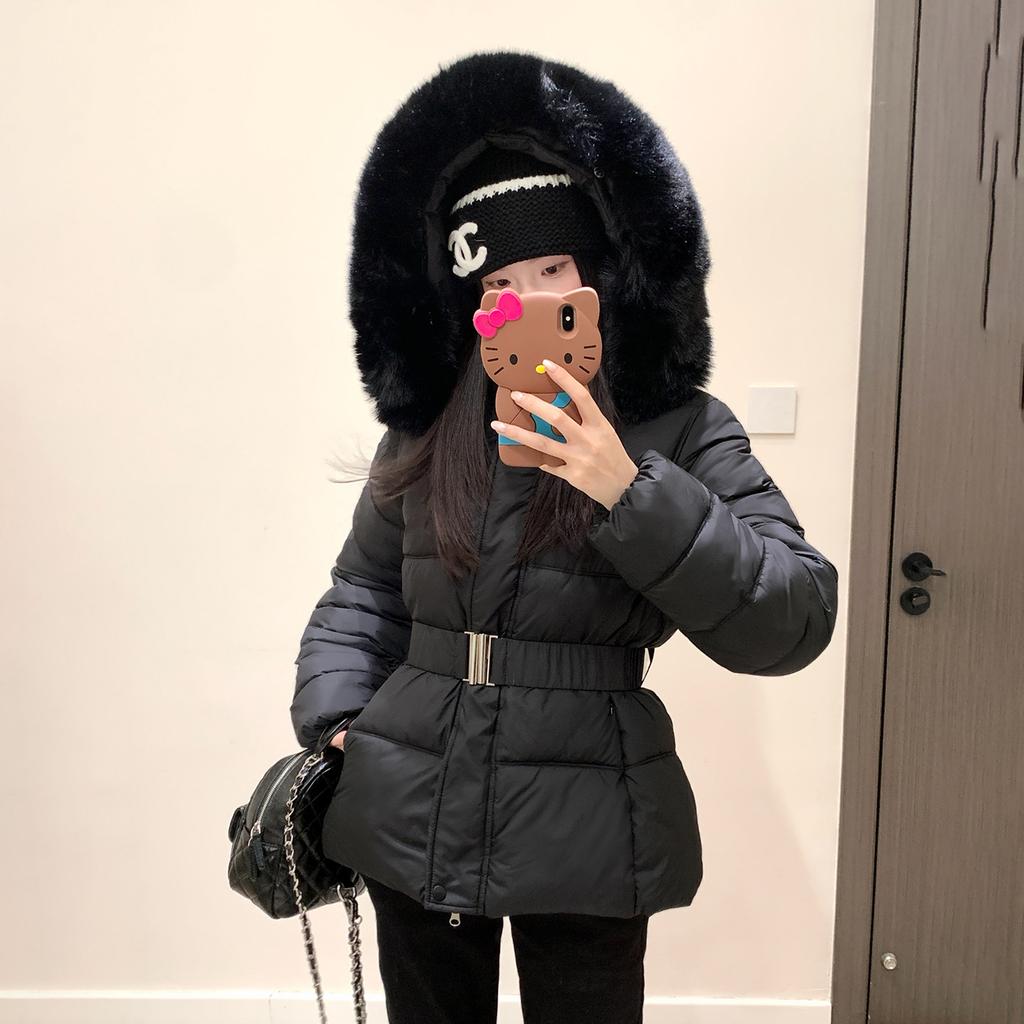 Slim-fit short cotton-padded women's big fur collar hooded belt waist winter warm cotton-padded jacket