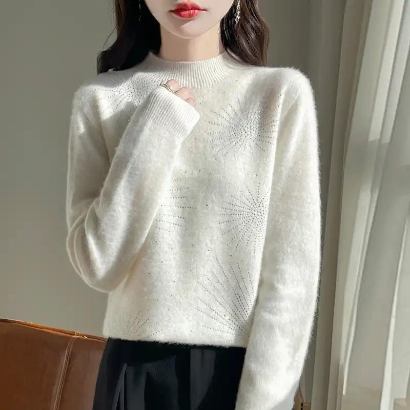 Женский свитер Осень Зима Утепленный пуловер Теплый вязаный в полоску с круглым вырезом Базовый слой Эластичный с длинным рукавом Оверсайз Джемпер Топы