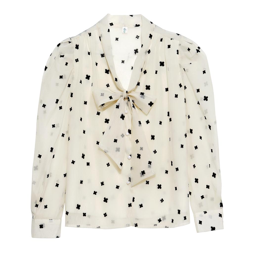 Мода 2024 Осень Длинный рукав Зашнуровать бант Воротник Принт Шифон Блузка Рубашка Женские Топы Блузки Рубашки J487