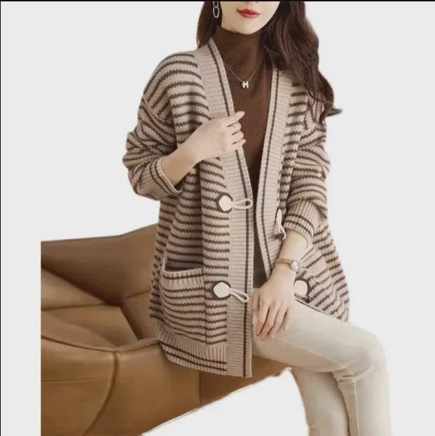 Женский свободный полосатый вязаный кардиган 2023 года — свитер в корейском стиле на осень/зиму