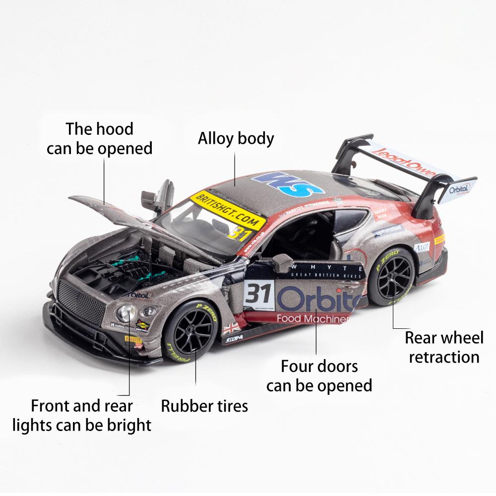 1/32 Scale Bentley Continental GT3 Diecast Car Model Toy, Pull Back Toy Vehicle with Sound and Light for Kids Toddler Boys Girls Gift Collection