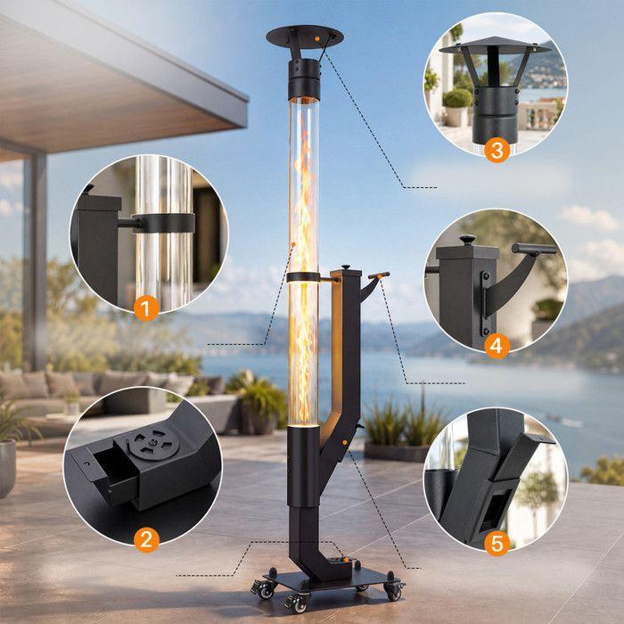 Poêle à granulés extérieur - NETTLIFE - Sur roulettes - Verre borosilicaté 800°C - Flamme décorative 1,1 m - 6 kW / 2 h