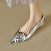 Cow Leather Pointed Toe Med Heels Slingback Autumn Summer Shoes Flowers Decorations Women Shallow Pumps