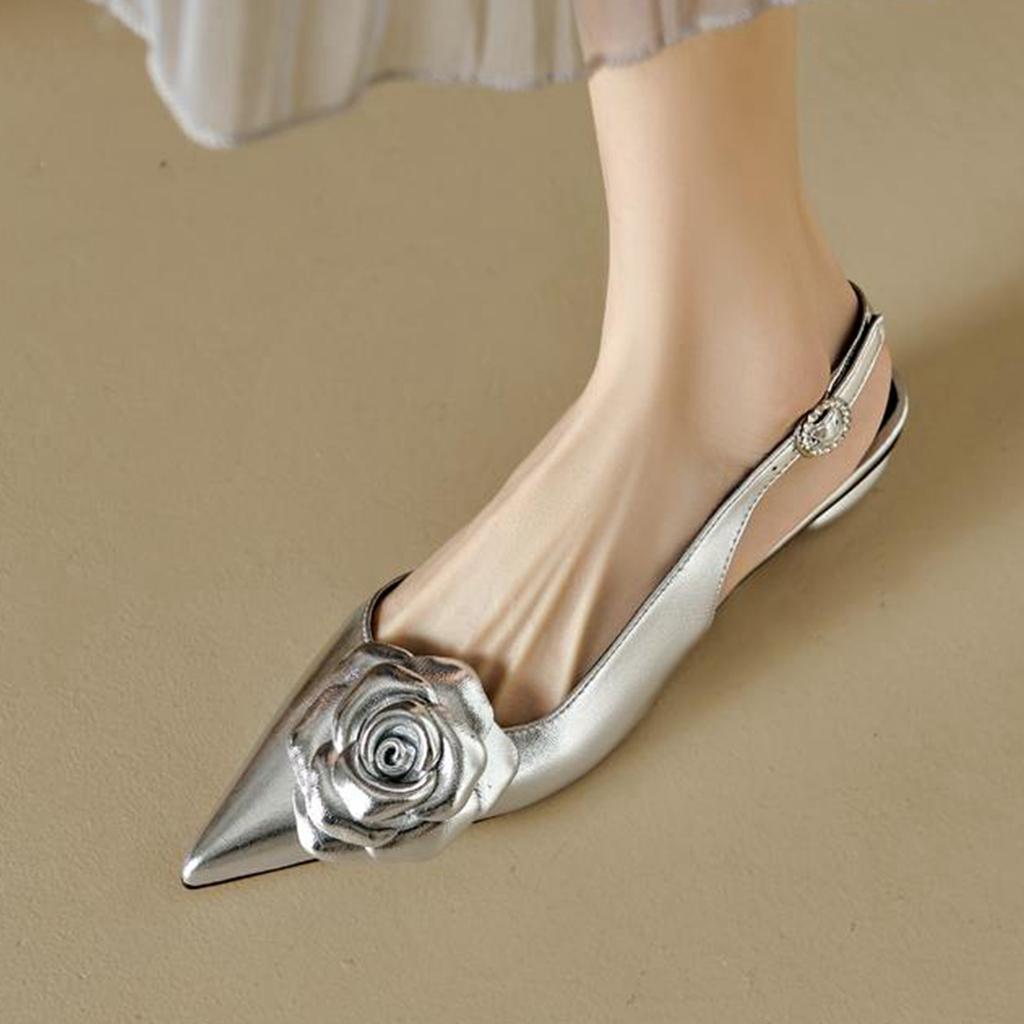 Cow Leather Pointed Toe Med Heels Slingback Autumn Summer Shoes Flowers Decorations Women Shallow Pumps