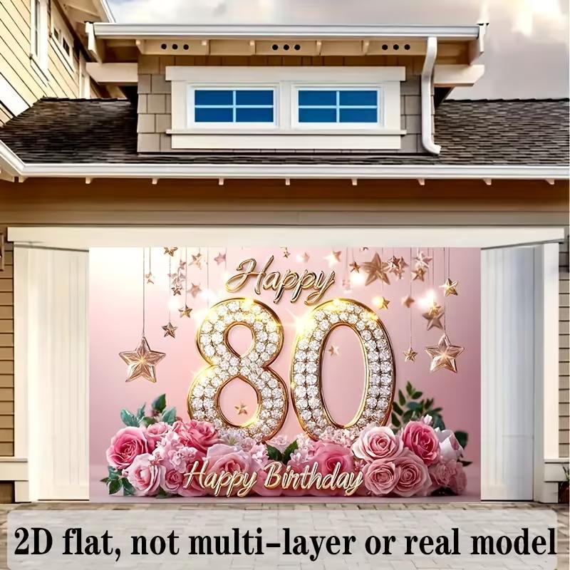 2D 80th Birthday Party Backdrop Pink Gold Floral & Star Theme Banner Decoration