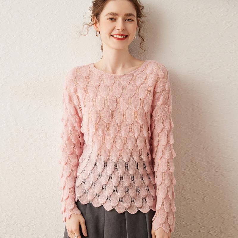 Women's High-End French Cashmere Sweater: Hollowed-Out, Round Neck, Bell Sleeves, 2024 Trend