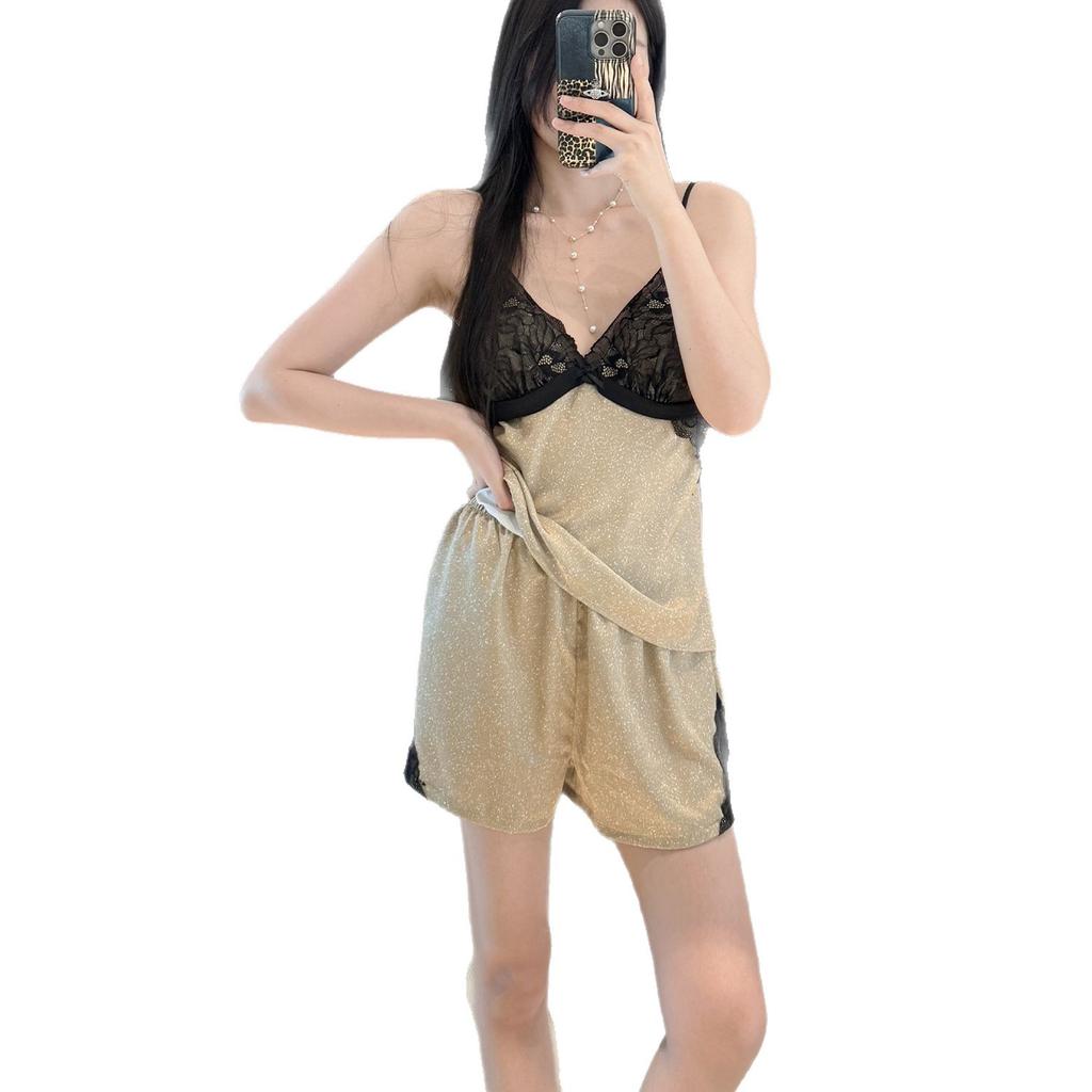 Maillard lace satin pajamas women's summer with chest pads, suspenders, shorts, loungewear set, sexy thin pajamas
