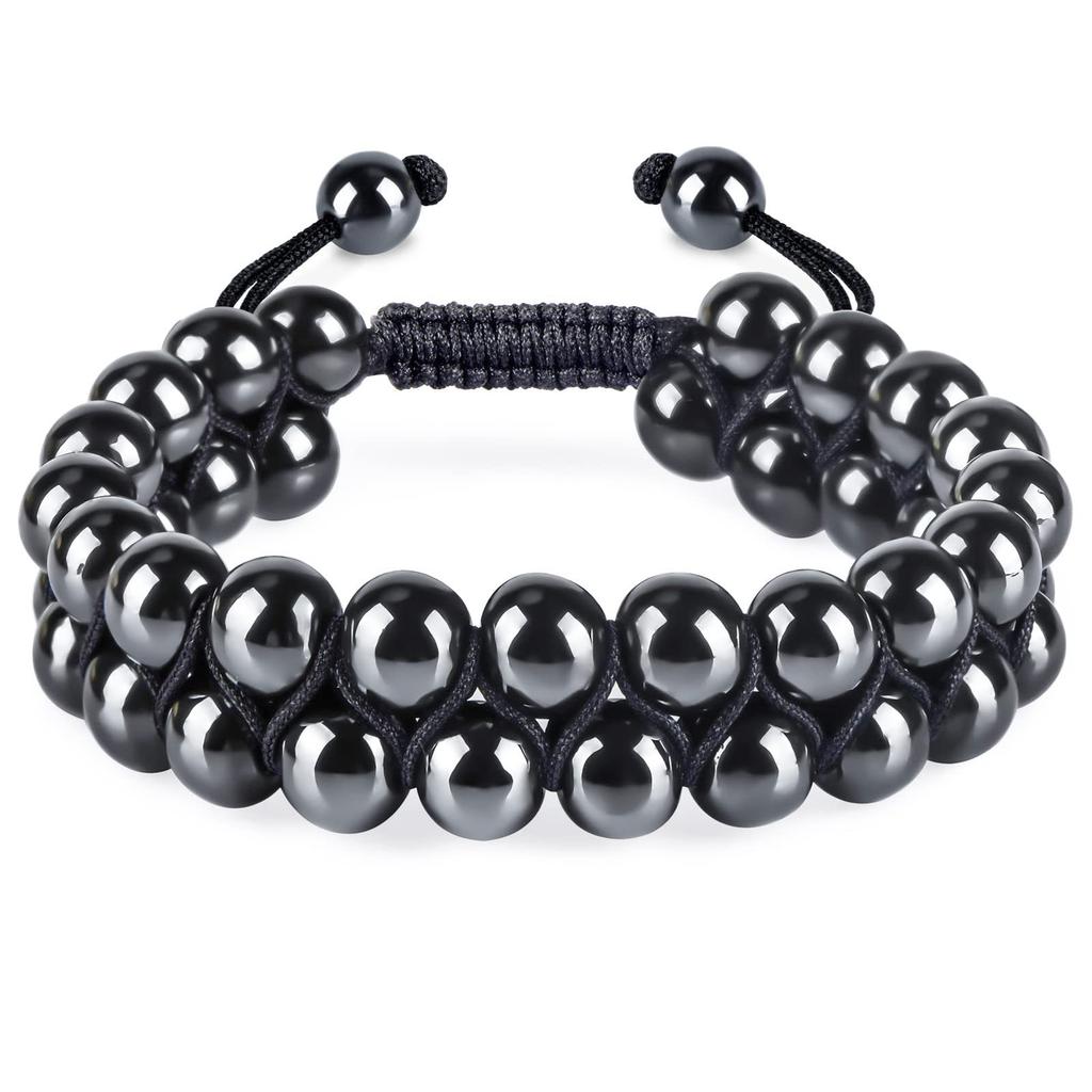 Woven natural stone double-layer bracelet, hand-woven adjustable bracelet, men's yellow tiger eye double-row bracelet.